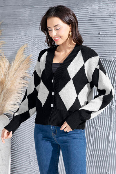 Geometric Button Up Dropped Shoulder Cardigan - Flyclothing LLC