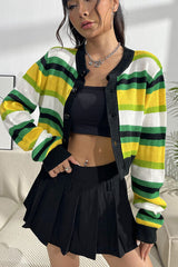 Striped Button Up Contrast Cropped Cardigan - Flyclothing LLC