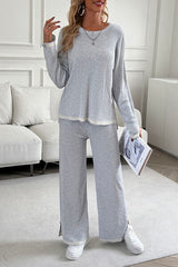 Contrast Trim Round Neck Top and Pants Set - Flyclothing LLC