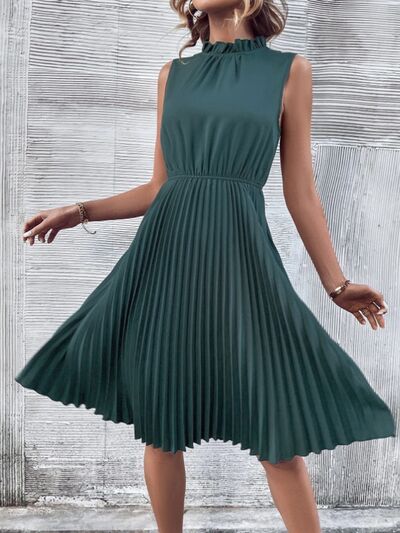 Pleated Frill Mock Neck Sleeveless Dress - Flyclothing LLC