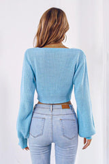 Bow V-Neck Long Sleeve Cropped Sweater - Trendsi