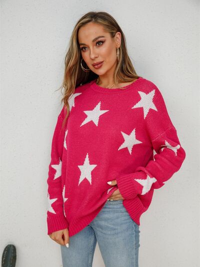 Star Round Neck Dropped Shoulder Sweater - Flyclothing LLC