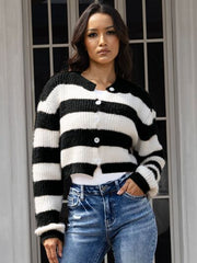 Striped Button Up Dropped Shoulder Cardigan - Flyclothing LLC