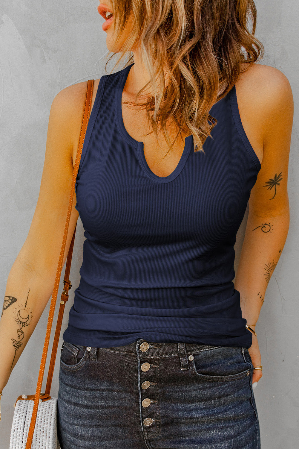 Notched Neck Ribbed Tank Top - Flyclothing LLC