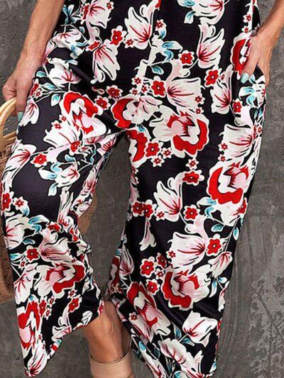 Printed Spaghetti Strap Jumpsuit with Pockets - Flyclothing LLC