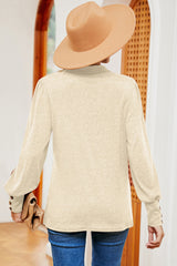 Decorative Button Johnny Collar Lantern Sleeve Blouse - Flyclothing LLC