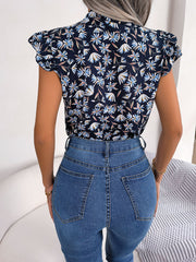 Floral Tie Neck Flutter Sleeve Blouse - Flyclothing LLC