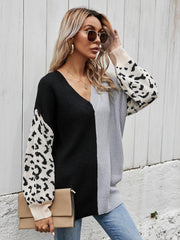 Leopard Color Block V-Neck Tunic Pullover Sweater - Flyclothing LLC