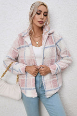 Plaid Button Up Collared Neck Long Sleeve Shacket - Flyclothing LLC