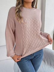 Cable-Knit Round Neck Long Sleeve Sweater - Flyclothing LLC