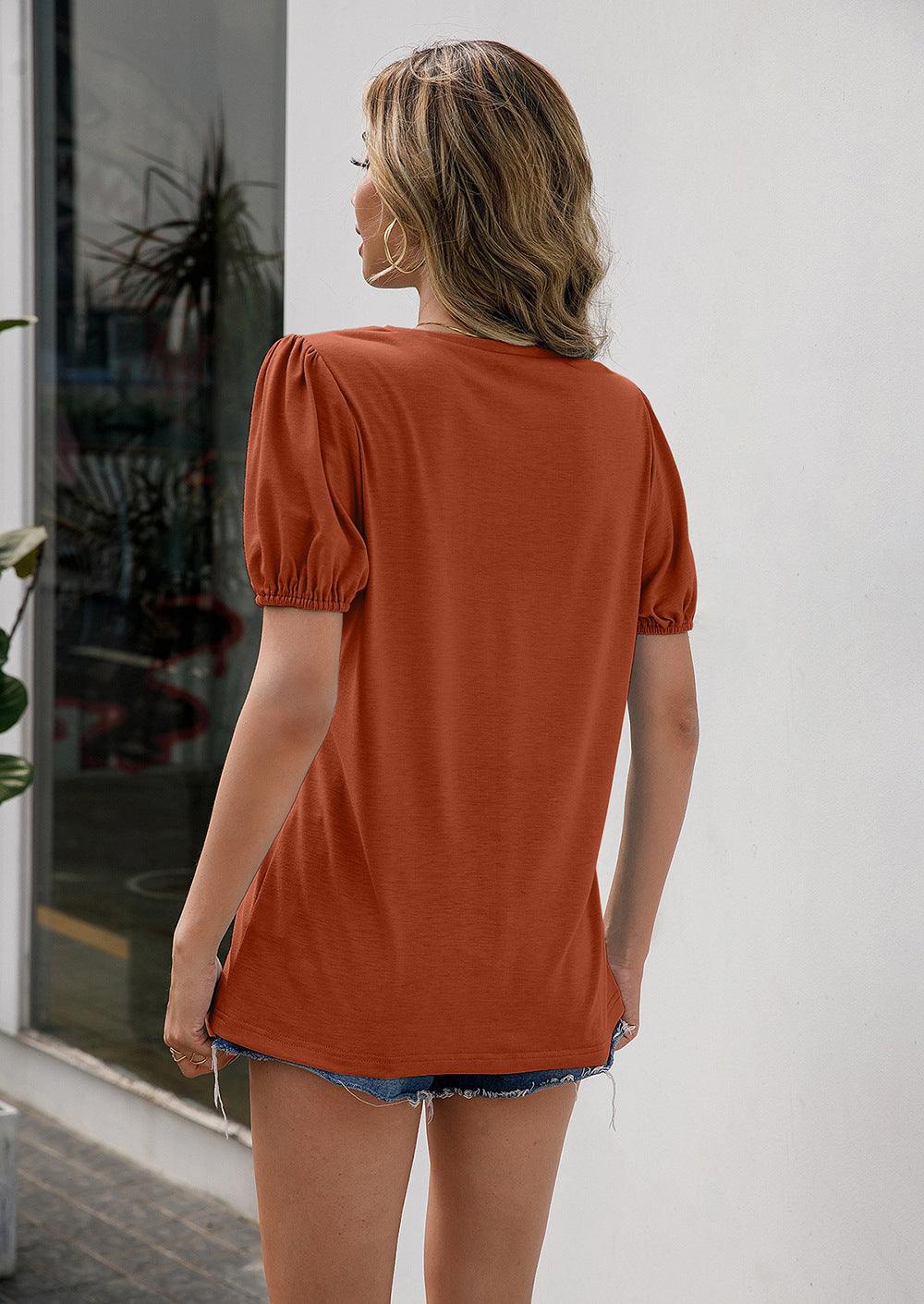 V-Neck Decorative Buttons Puff Sleeve Tee - Flyclothing LLC