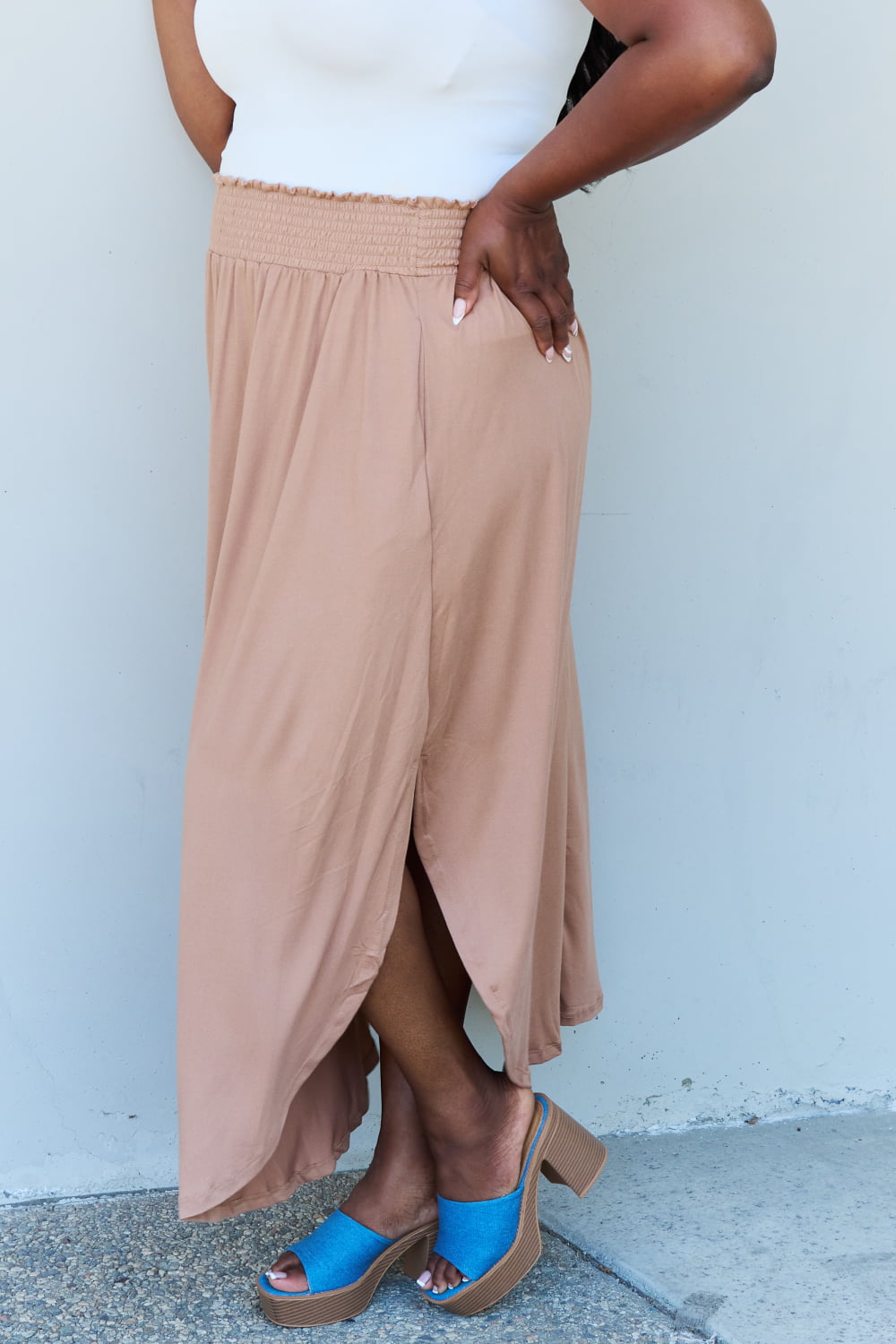 Doublju Comfort Princess Full Size High Waist Scoop Hem Maxi Skirt in Tan - Flyclothing LLC