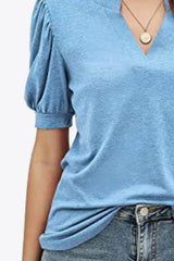 Notched Neck Puff Sleeve Tee - Flyclothing LLC