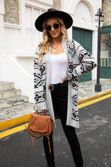 Printed Long Sleeve Cardigan with Pocket - Trendsi