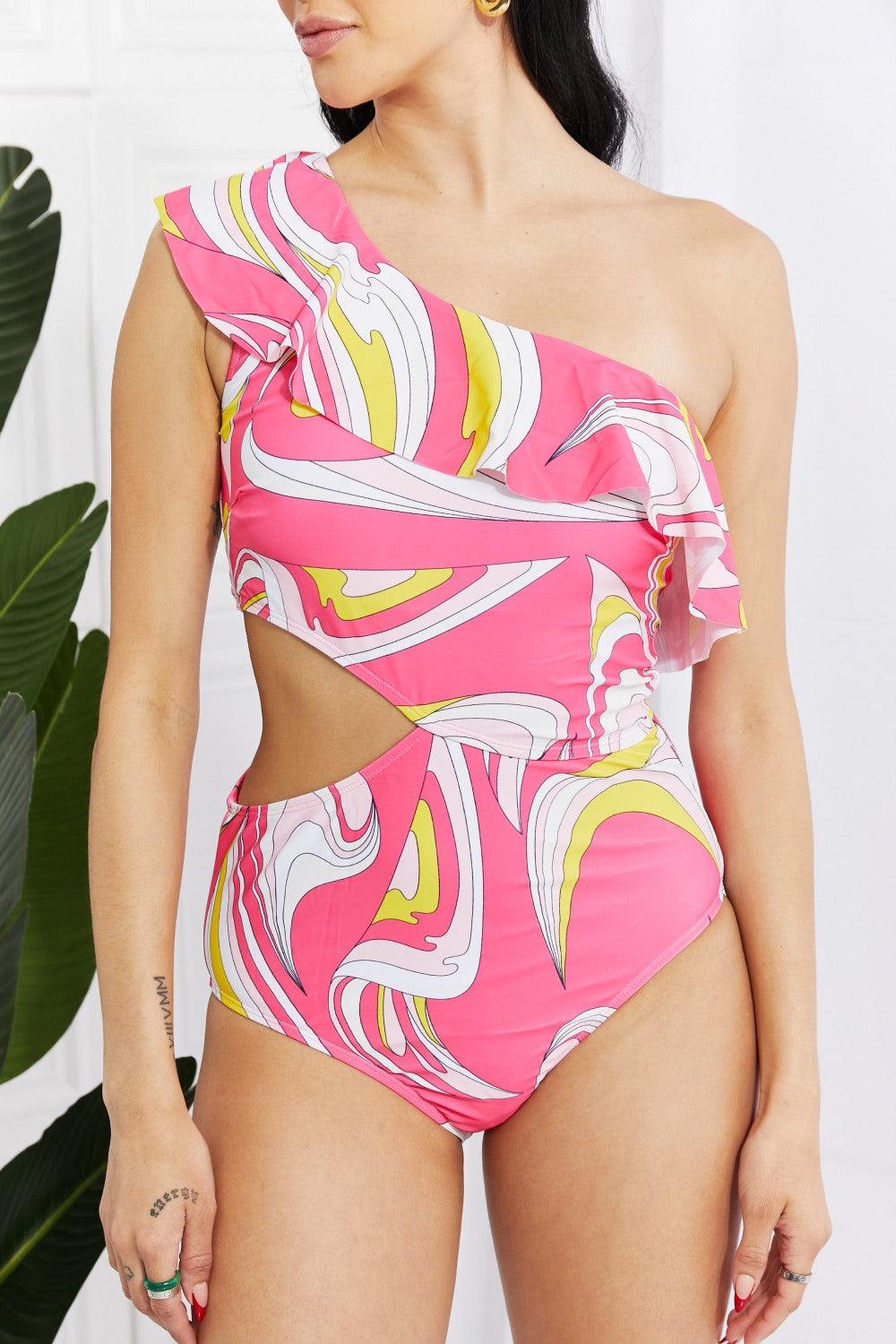 Marina West Swim Vitamin C Asymmetric Cutout Ruffle Swimsuit in Pink - Flyclothing LLC