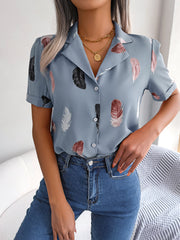 Feather Print Lapel Collar Puff Sleeve Shirt - Flyclothing LLC