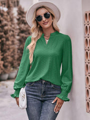 Eyelet Notched Neck Flounce Sleeve Blouse - Trendsi