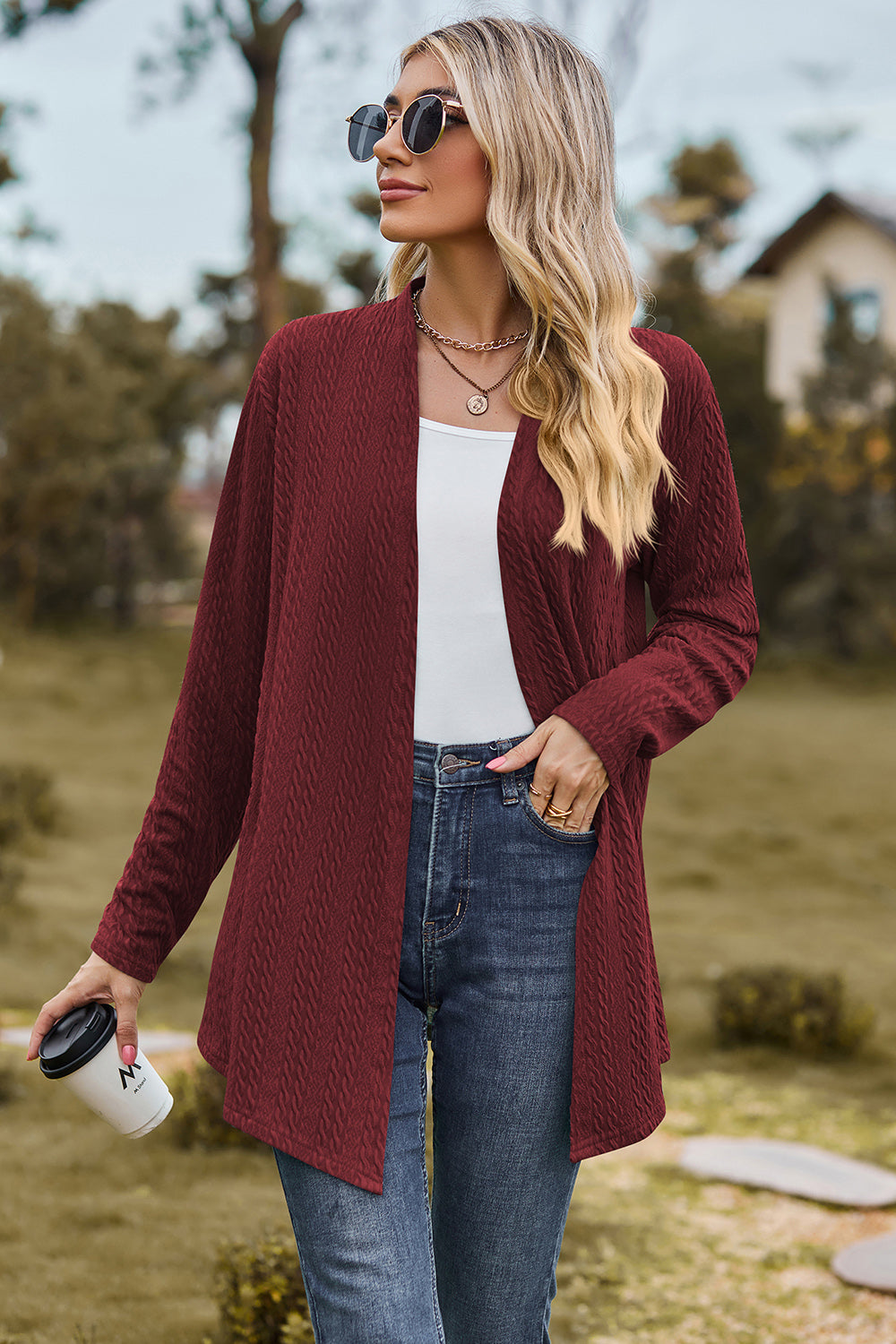 Textured Open Front Long Sleeve Cardigan - Flyclothing LLC