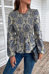 Smocked Printed Balloon Sleeve Blouse - Flyclothing LLC