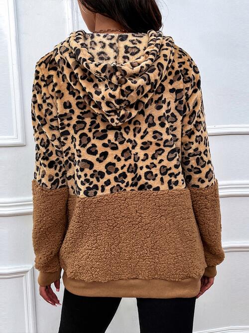 Leopard Drawstring Long Sleeve Hoodie - Flyclothing LLC