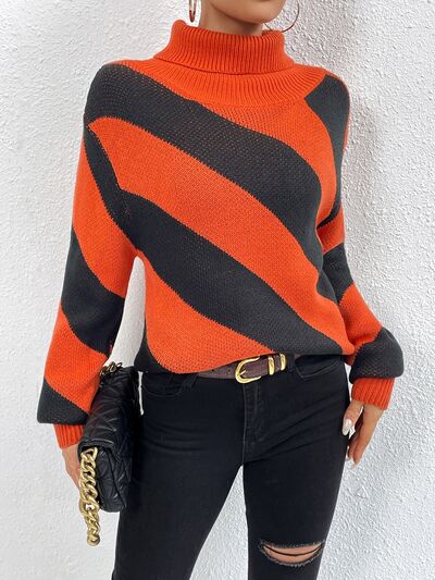 Striped Turtleneck Dropped Shoulder Sweater - Flyclothing LLC