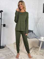 Round Neck Top and Drawstring Pants Lounge Set - Flyclothing LLC