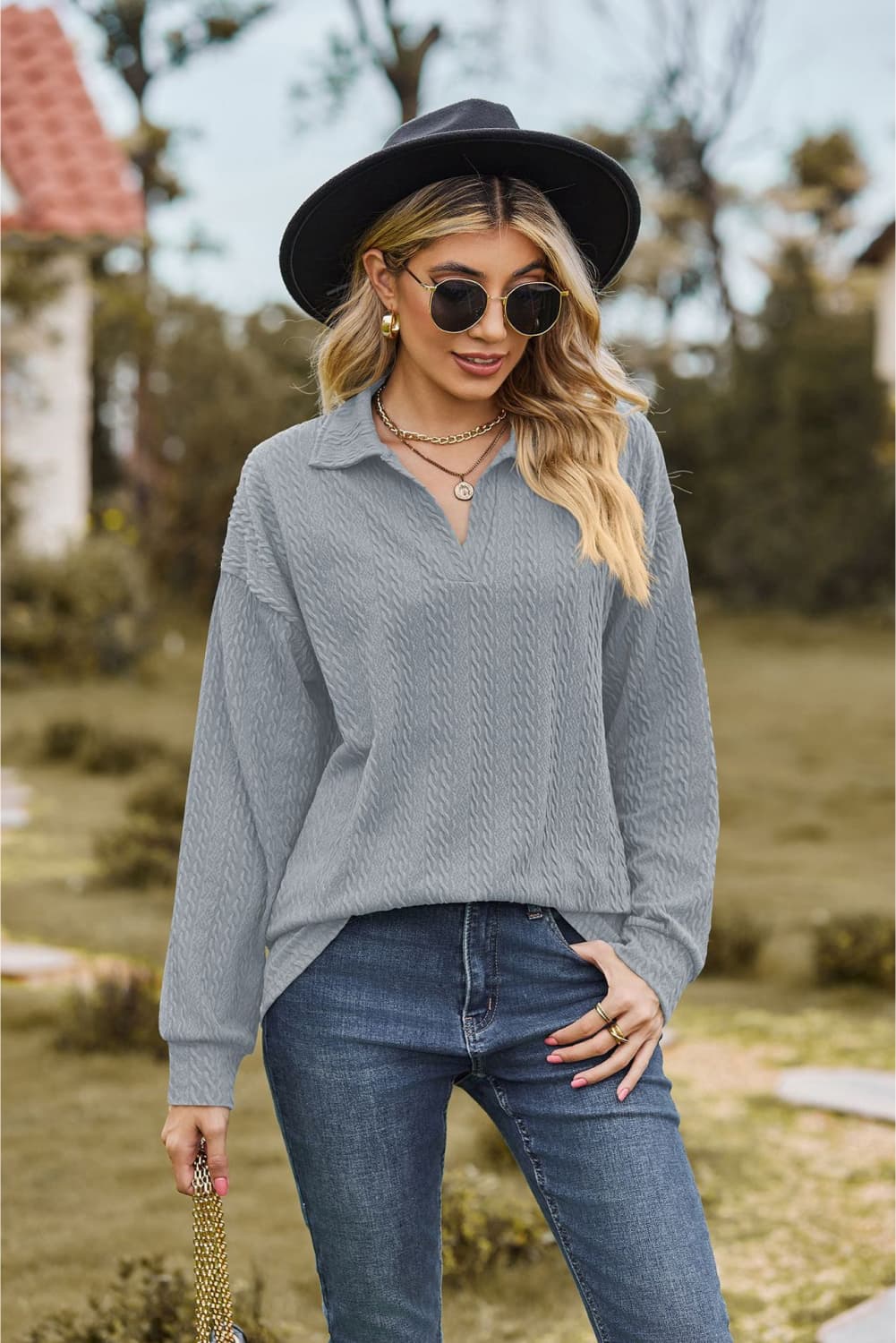 Collared Neck Cable-Knit Long Sleeve Blouse - Flyclothing LLC