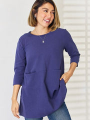 Pocketed Round Neck Half Sleeve Blouse - Flyclothing LLC