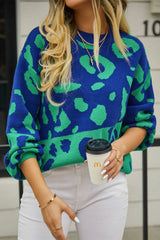 Leopard Round Neck Dropped Shoulder Sweater - Trendsi