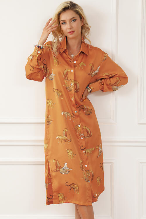 Animal Pattern Long Sleeve Slit Shirt Dress - Flyclothing LLC