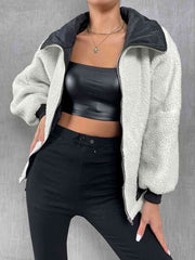 Contrast Drawstring Collared Neck Jacket - Trendsi