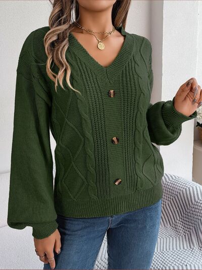 Cable-Knit Buttoned V-Neck Sweater - Flyclothing LLC