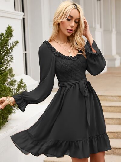 Tie Front Ruffle Hem Smocked Dress - Flyclothing LLC