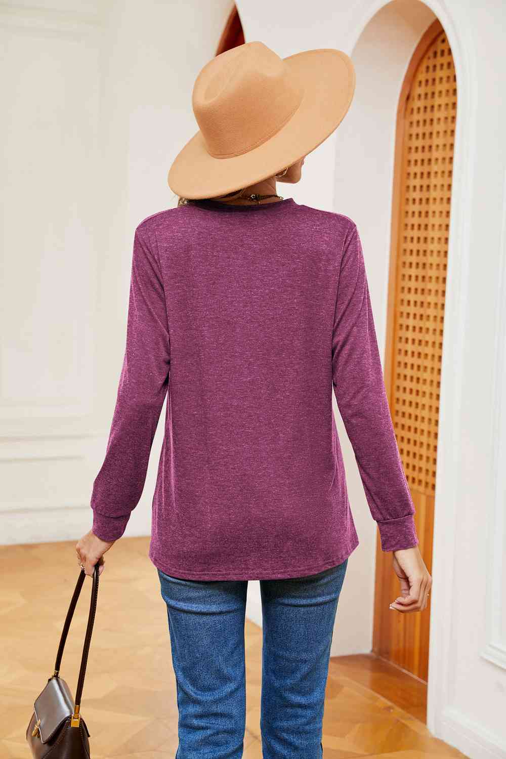 Buttoned Notched Neck Long Sleeve Top - Flyclothing LLC