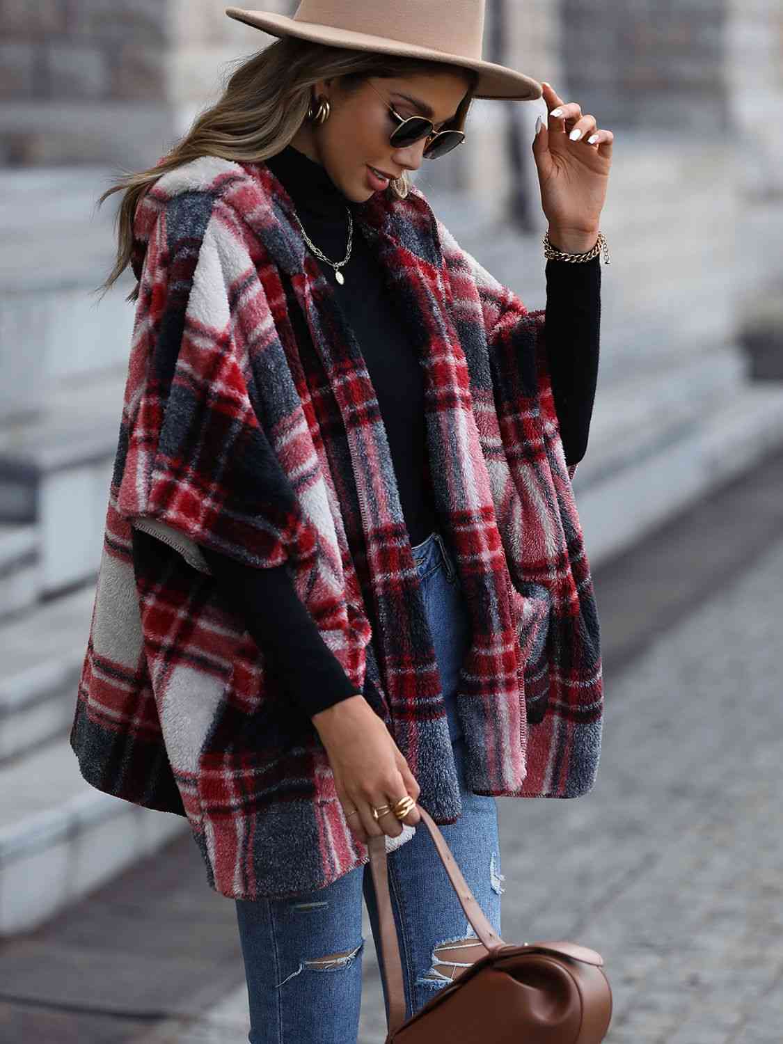 Plaid Hooded Coat with Pockets - Flyclothing LLC