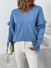 Ruffled V-Neck Dropped Shoulder Sweater - Flyclothing LLC