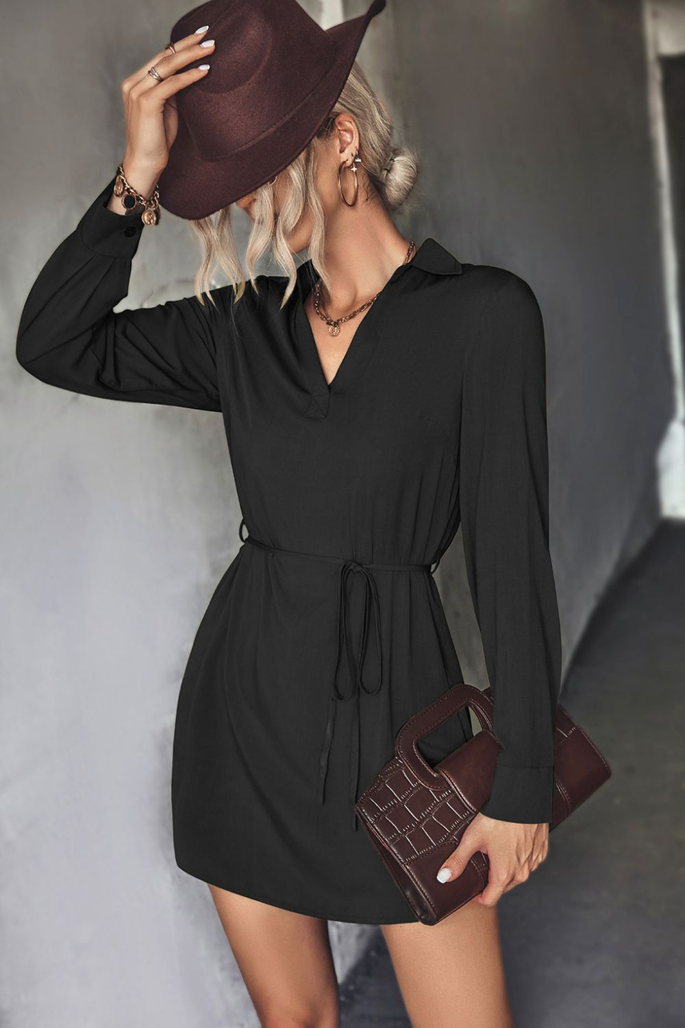 Belted Johnny Collar High-Low Shirt Dress - Flyclothing LLC