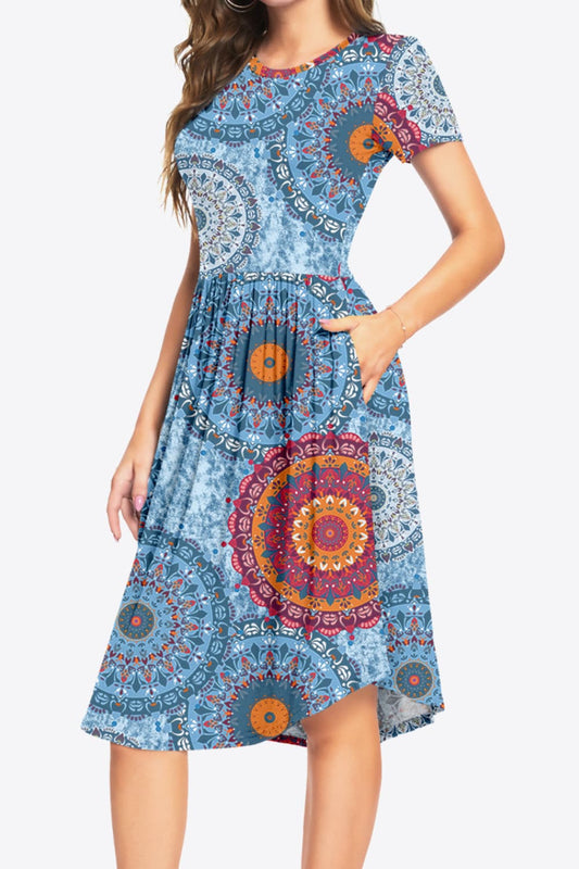 Printed Round Neck Short Sleeve Dress with Pockets - Flyclothing LLC