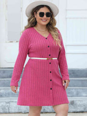 Plus Size Ribbed Buttoned V-Neck Long Sleeve Dress - Flyclothing LLC