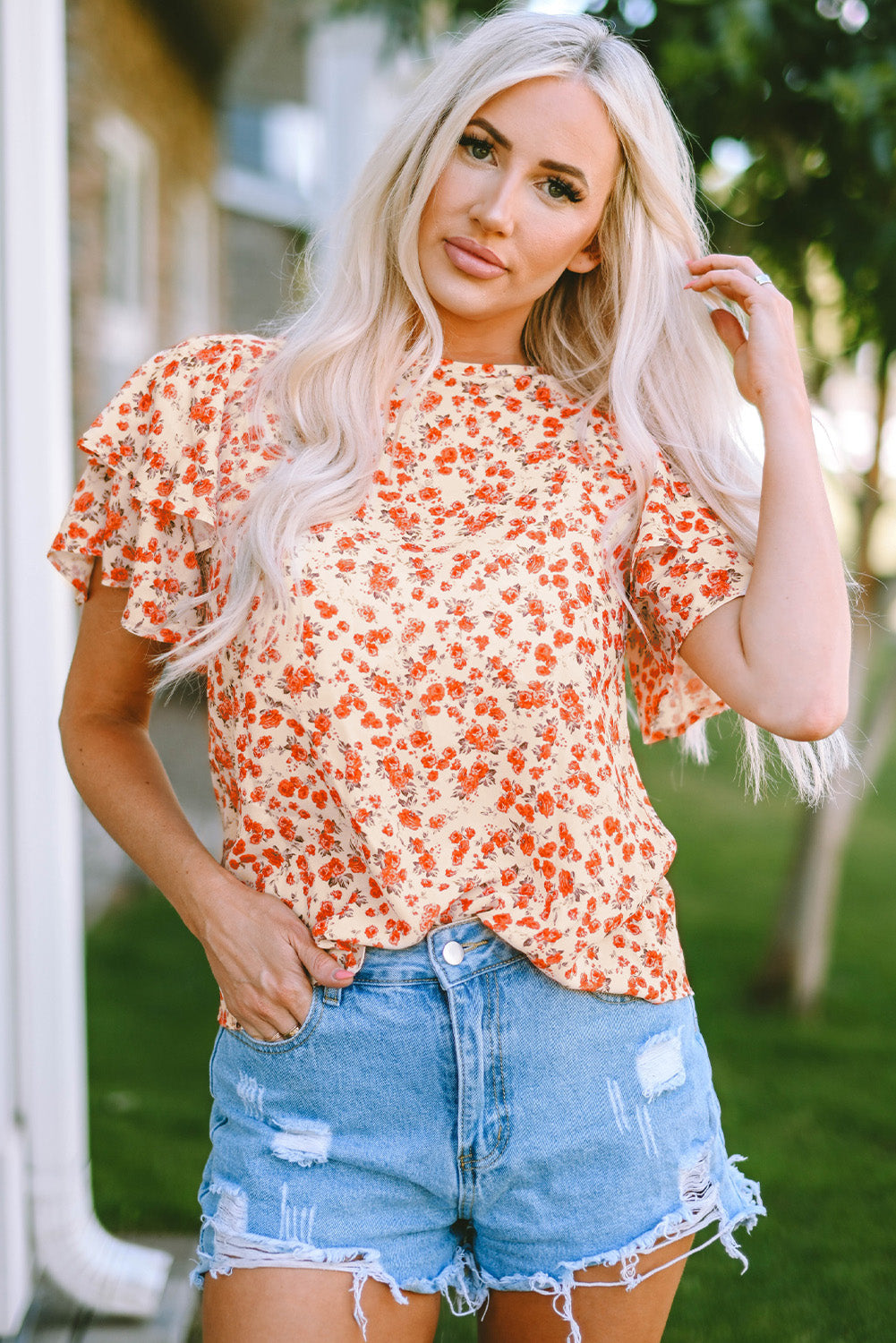 Floral Round Neck Flutter Sleeve Blouse - Flyclothing LLC