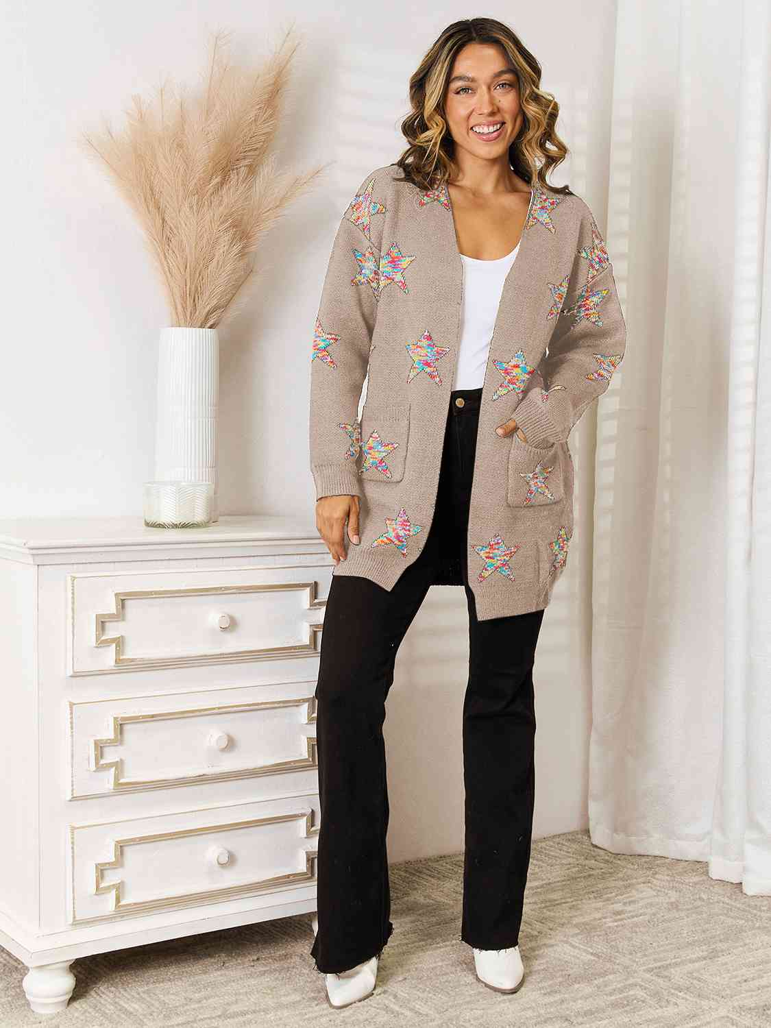 Star Pattern Open Front Cardigan with Pockets - Flyclothing LLC