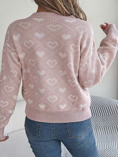 Heart Pattern V-Neck Long Sleeve Sweater - Flyclothing LLC