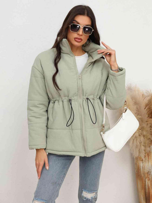 Drawstring Waist Zip-Up Puffer Jacket - Flyclothing LLC