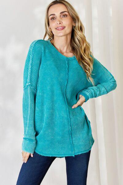 Zenana Oversized Washed Waffle Long Sleeve Top - Flyclothing LLC