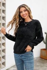 Dropped Shoulder Round Neck Fuzzy Sweater - Flyclothing LLC