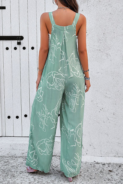 Printed Wide Strap Jumpsuit with Pockets - Flyclothing LLC