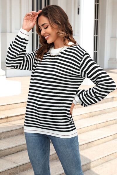 Striped Round Neck Dropped Shoulder Sweater - Flyclothing LLC