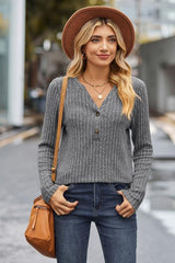 Ribbed Half Button Long Sleeve Knit Top - Trendsi