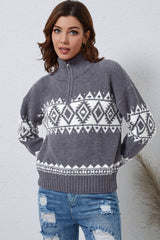 Zip-Up Geometrical Pattern Pullover Sweater - Flyclothing LLC