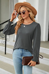 Round Neck Smocked Flounce Sleeve Blouse - Flyclothing LLC